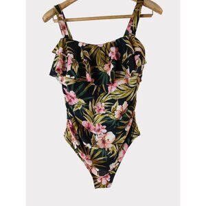 Kona Sol 16W Black Green Pink Floral Ruffle Front One Piece Swimsuit 16W Plus